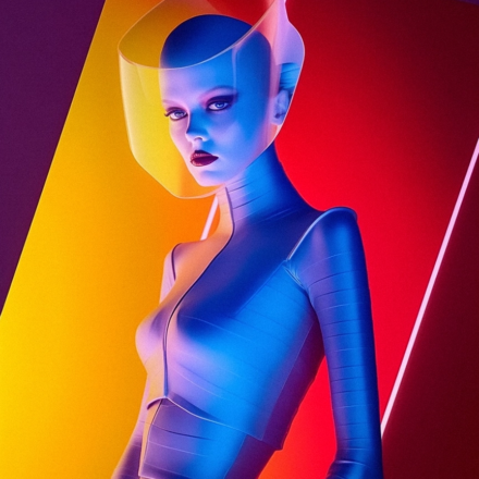Grafika AI Visual Flow – modelka w kolorowej, artystycznej stylizacji, projekt Color Fusion