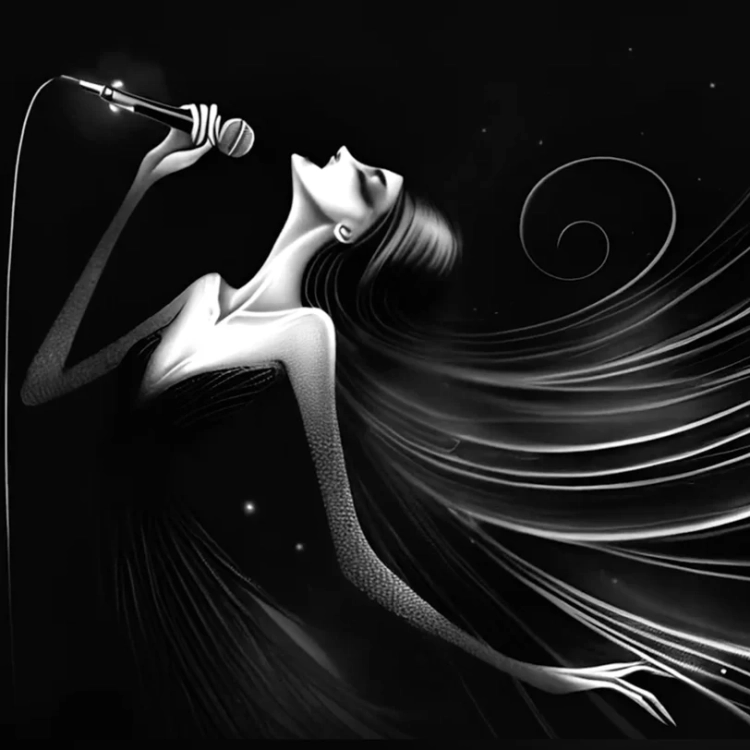 Teledysk i wizuale muzyczne Visual Flow – czarno-biała ilustracja artystyczna kobiety z mikrofonem