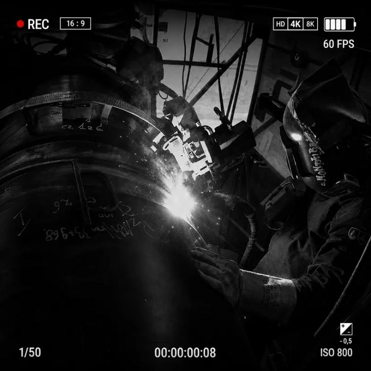 Reklamy i content dla marek Visual Flow – spawacz w trybie kamery filmowej, czarno-biały widok przez celownik